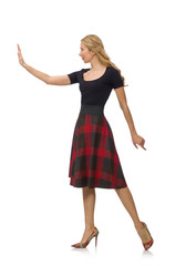Naklejka premium Beautiful young woman in plaid dress isolated on white