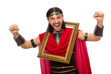 Gladiator holding picture frame isolated on white