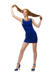 Pretty red hair girl in blue dress isolated on white