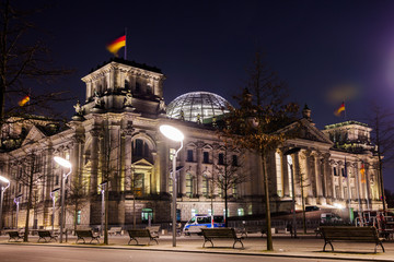 Night view of Reichstag building in Berlin, Germany . Building o