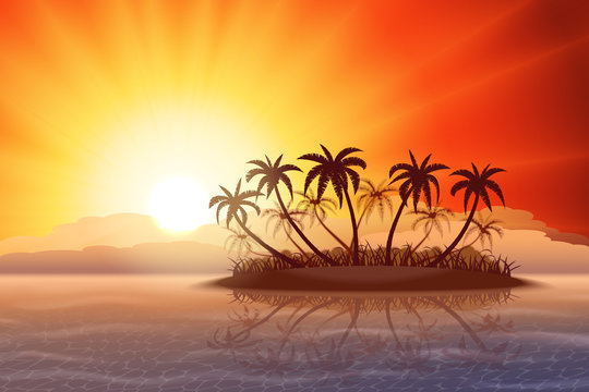 Paradise tropical island with palm trees at sunset