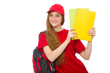 Pretty girl with backpack isolated on white