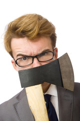 Young businessman with weapon isolated on white