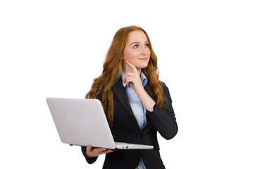 Businesswoman with laptop isolated on white