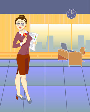 Girl secretary with documents in the office.