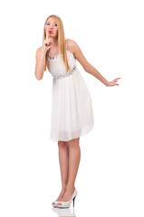 Beautiful woman in white dress isolated on white