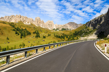 Scenic road near Passo Gardena in Dolomites Mountains, Italy