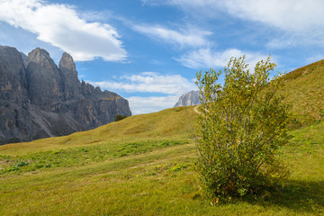 Autumn landscape of Dolomites Mountains at Passo Gardena, Italy