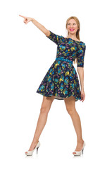 Naklejka premium Woman in dark blue floral dress isolated on white