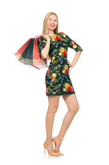 Woman in dark green floral dress isolated on white