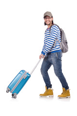 A tourist with bags isolated on white