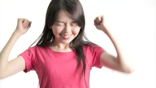 Chinese woman excited and happy, Medium Close Up in studio on wh