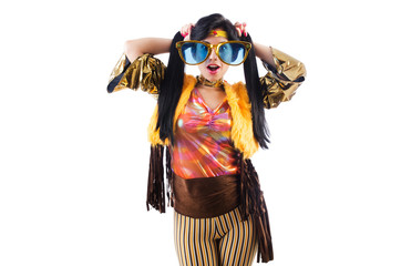 Girl in colourful latino dress isolated on white