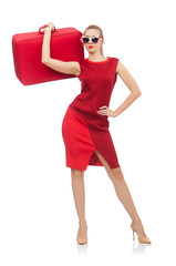 Pretty young woman in red dress isolated on white