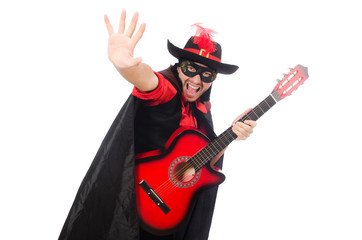 Young man in carnival coat  with guitar isolated on white