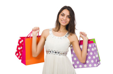 Woman with shopping bags isolated on white