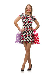 Young woman after shopping isolated on the white