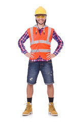 Young construction worker in helmet and briefs isolated on white