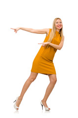 Pretty girl in ocher dress isolated on white