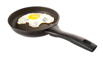 Fried egg in a frying pan over white background