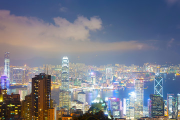 Fototapeta na wymiar Panorama of Hong Kong skyline at night from Victoria Peak