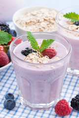 healthy berry smoothies with oatmeal in a glass, close-up