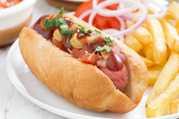 hot dogs with French fries, close-up