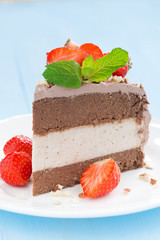piece of chocolate cake of three layers, vertical, close-up