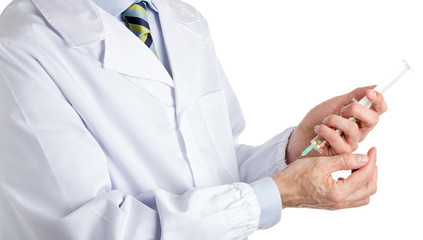 Obraz na płótnie Canvas Man in medical coat holding syringe full of pills