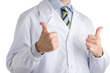 Man in medical coat making hitch-hiking with both hands