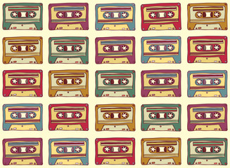 Seamless pattern in vintage style. Old audio cassette on a light