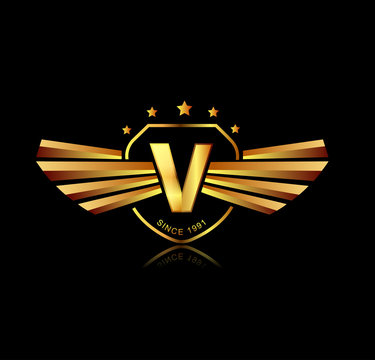 Letter V winged crests logo . Alphabet logotype design concept