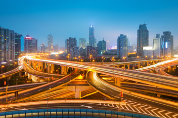 shanghai interchange overpass and elevated road in nightfall - obrazy, fototapety, plakaty