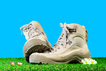 hiking shoes on grass