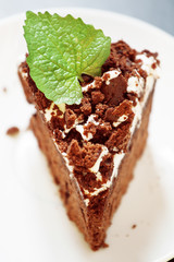 Delicious chocolate cake on plate on table