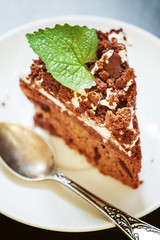 Delicious chocolate cake on plate on table