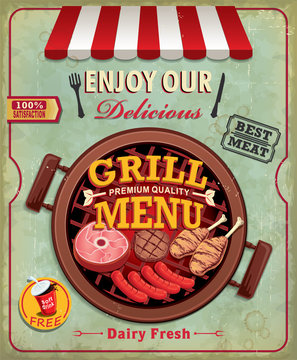 Vintage BBQ poster design with sausage, meat, chicken