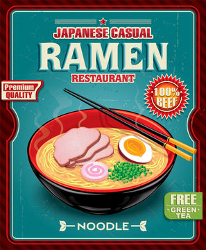 Vintage ramen poster design with noodle and hot soup