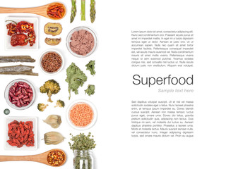 various superfood on white background top view