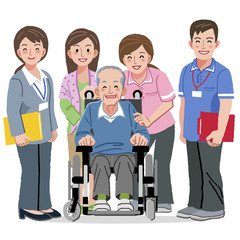車椅子 シニア Smiling Senior man in wheelchair and nursing carers