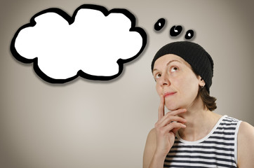 Thinking woman looking up on empty bubble