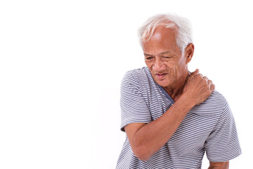 old man suffering from shoulder muscle inflammation or injury