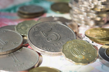 The coins of Hong Kong dollars close up