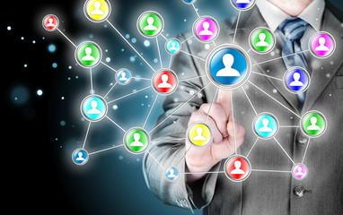 man hand pressing social media icon