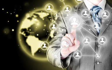 man hand pressing social media icon