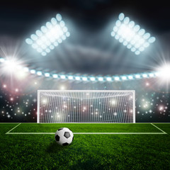 Soccer ball on green stadium arena