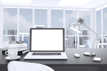 Fototapeta na wymiar 3D illustration laptop on table in office, Workspace