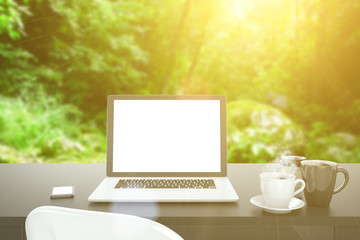 3D illustration laptop on table, Workspace on nature