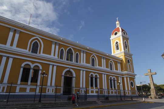 Cathedral with people around of Granada, Nicaragua.