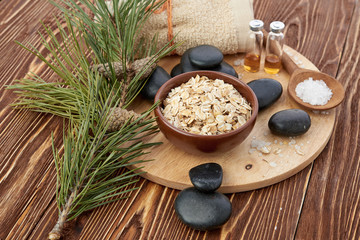 Composition of spa treatment on wooden background